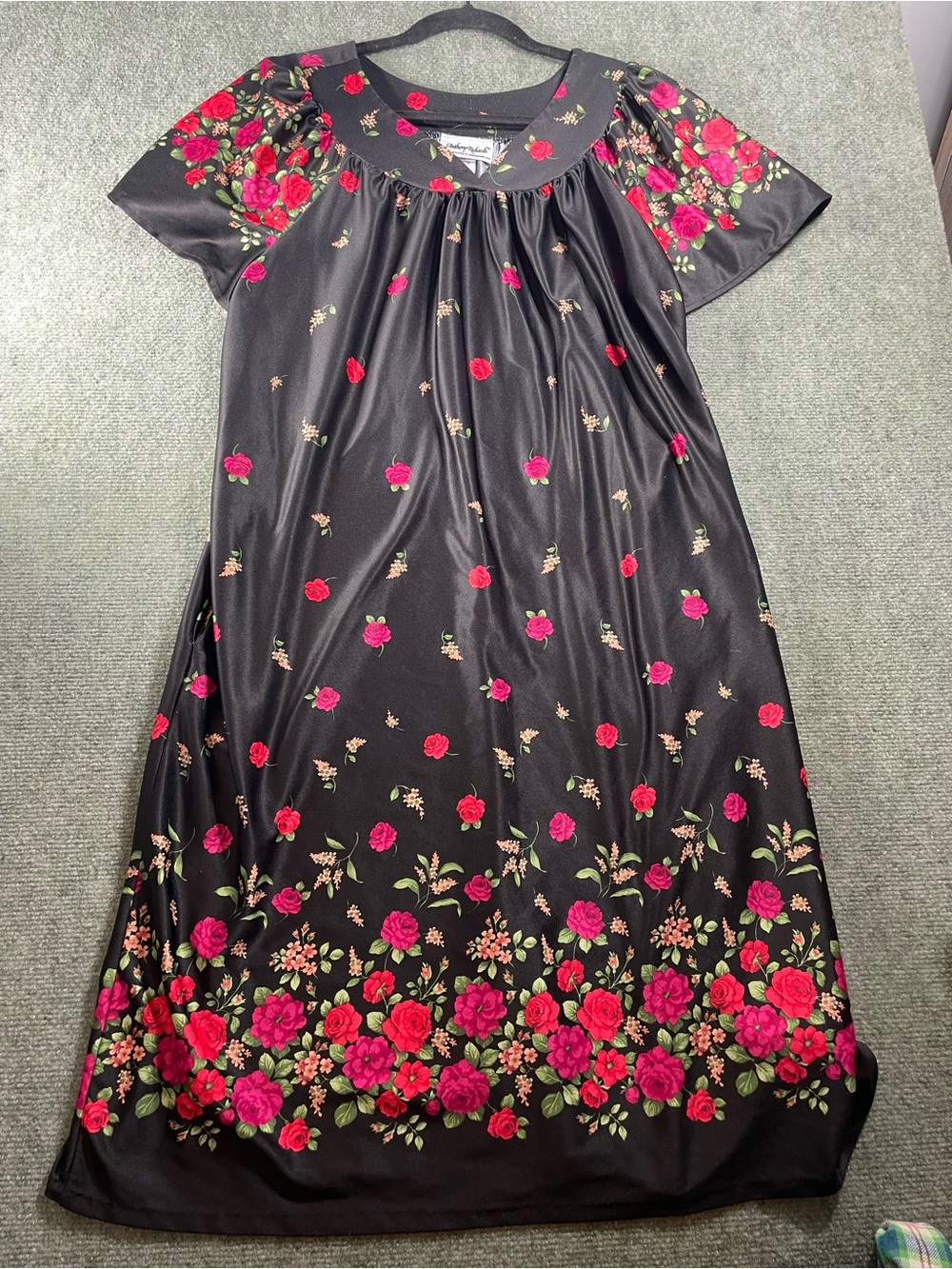Anthony Richards Black Nightgown with Pink and Red Rose Border